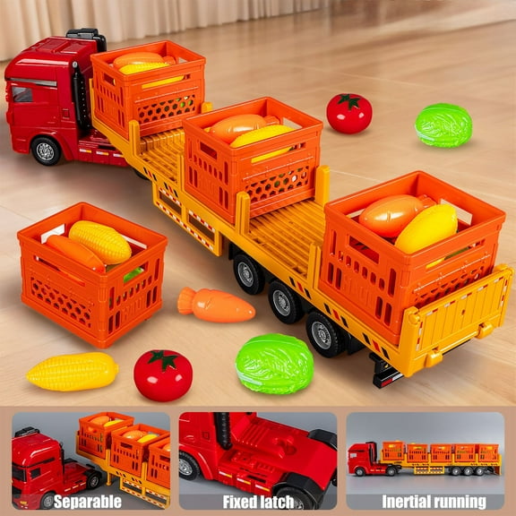 FeiFu Large Transport Toy Simulation Trailer Model Cargo Truck Toy Vegetable Fruit Beverage Transport Vehicle Durable Plastic Design Realistic Details Educational Play Toy