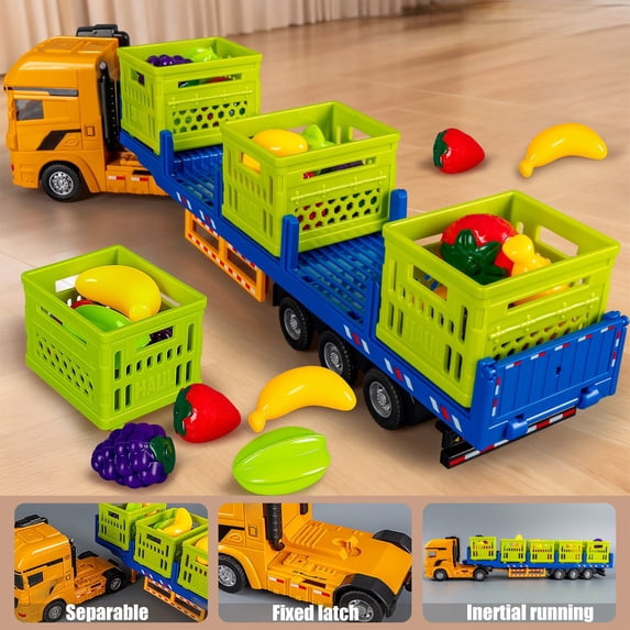 FeiFu Large Transport Toy Simulation Trailer Model Cargo Truck Toy Vegetable Fruit Beverage Transport Vehicle Durable Plastic Design Realistic Details Educational Play Toy