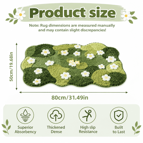 FeiFu Moss Tufted Floral Rug for Bedroom, Soft Plush Irregular Mat for Living Room, Cute Green Grass Floor Carpet with Flower, Aesthetic Home Decor Accent.