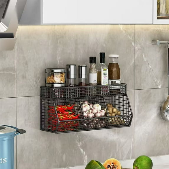 FeiFu No Drilling Kitchen Storage Basket Wall Mounted Organizer Spice Rack Hanging Bin Pantry Shelf Space Saving for Home Bathroom Organizing