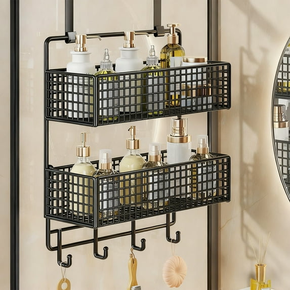 FeiFu Over The Door Storage Rack With Double Layer Baskets and Hooks Metal Hanging Organizer Space Saving for Bathroom Kitchen Pantry Home Use