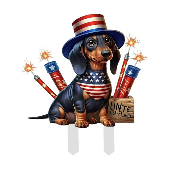 FeiFu Patriotic Dachshund Ground Stake Courtyard Garden Fourth Of July Lawns Display Yard Art Flag Themed Decor Holiday Outdoor Memorial Day Celebration Multicolor