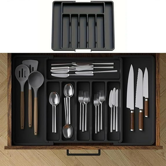 FeiFu Plastic Utensil Organizer Drawer Silverware Storage Box Kitchen Cutlery Organizer with Dividers Flatware Tray for Spoons Forks Knives