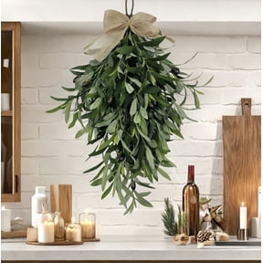FeiFu Spring Olive Branch Teardrop Swag,Extra Full Thick Faux Greenery with Upgraded Ribbon Textured Leaves,Sturdy Hanging Wreath for Door,Wedding Arch,Kitchen