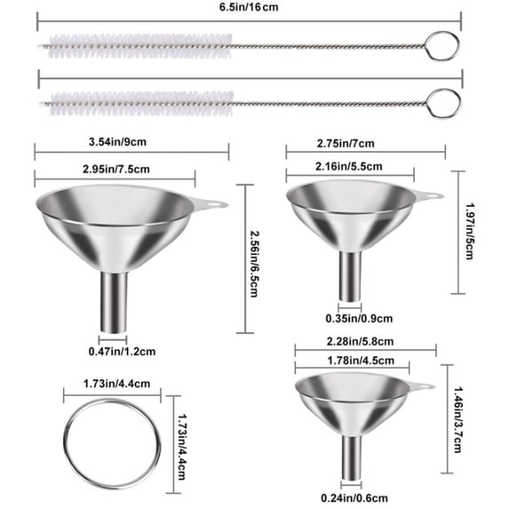 FeiFu Stainless Steel Kitchen Funnel Set Multi-size Funnels for Liquid Dry Ingredients Filling Tool Food Grade Funnels with Cleaning Brush