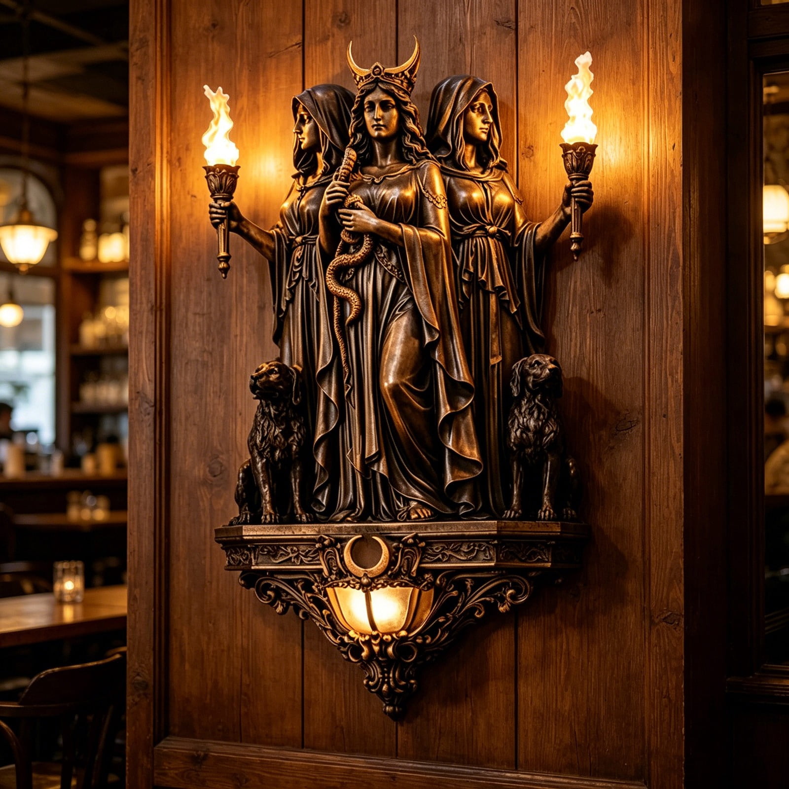 FeiFu Triple Deity Wall Lamp Hecate, 7.87 Inch Bronze Statue Torch