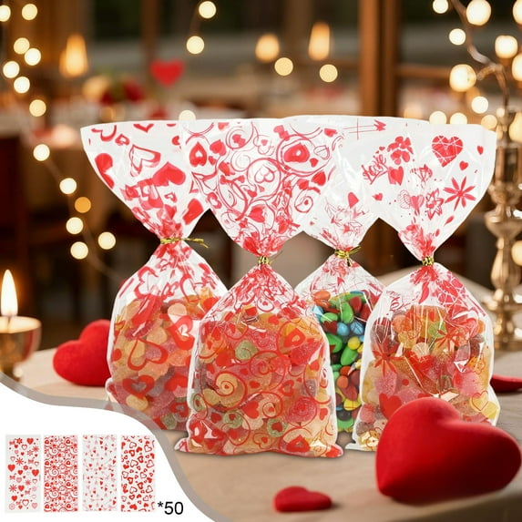 FeiFu Valentine's Day 4 in 1 Mixed Heart Candy Bags Flat Bags Snack Gift Bags Festive Design for Holiday Gift Giving Party Favors