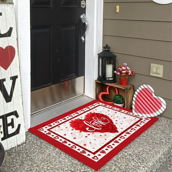FeiFu Valentine's Day Entryway Door Mat Dirt-Proof Washable Floor Mat Romantic Decorative Mat for Front Door Porch Indoor Outdoor Use