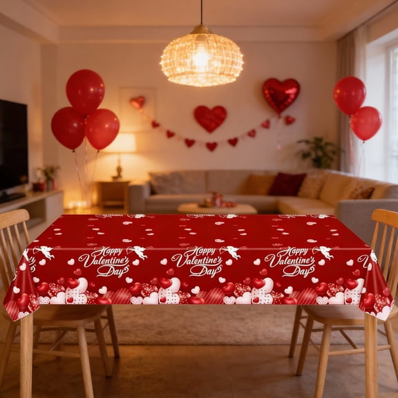 FeiFu Valentine's Day Party Tablecloth 137*274CM Disposable Waterproof Table Cover Romantic Heart Pattern for Dinner Wedding Engagement Decor
