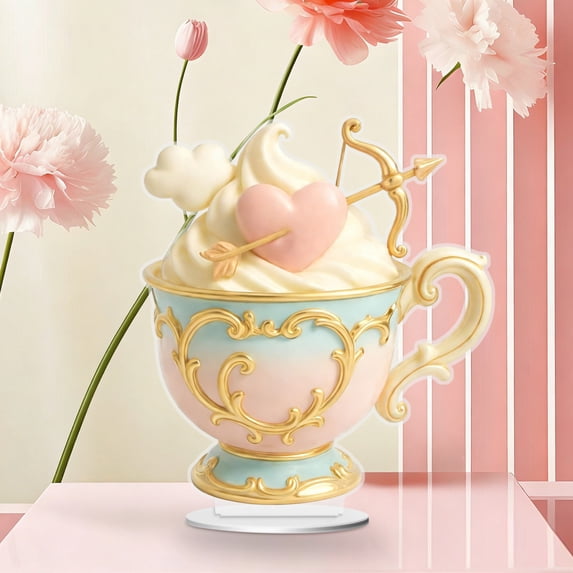 FeiFu Valentine's Day Teacup Tabletop Ornament Romantic Teacup Decor for Home Kitchen Dining Table Party Holiday Display Gift
