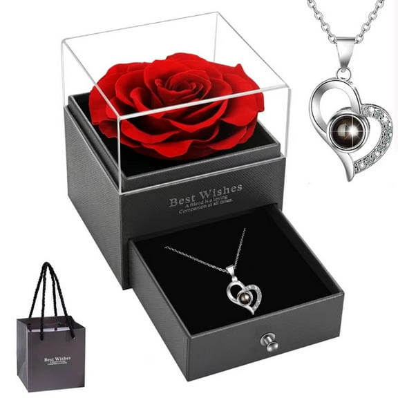 FeiFu Valentine's Keepsake Gift Box with Preserved Florals Eternal Love Necklace Set, Romantic Anniversary Box Display Preserved Real Rose Gift Set