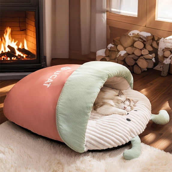 FeiFu Winter Warm Semi-Enclosed Cats Bed Soft Pet Cushion Bed Comfortable Sleep Mat for Cats Small Dogs Indoor Napping Resting Accessories