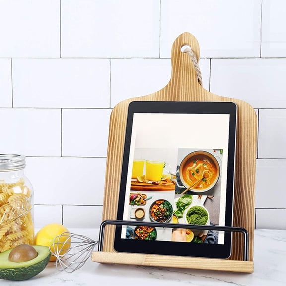 FeiFu Wooden Cookbook Stand, Rustic Recipe Holder with Metal Bar, Adjustable Display Rack for Sheet Music and Magazines, Soporte de Recetas de Madera