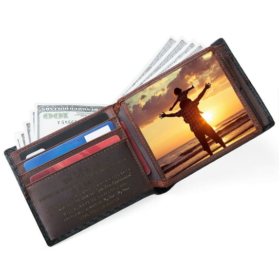 FeiYen Personalized Engraved Leather Wallet for Dad Daddy from Daughter Kids - Christmas Birthday Fathers Day Thanksgiving Gift - Men Bifold Wallets with Love Message for Him - My Hero Dad