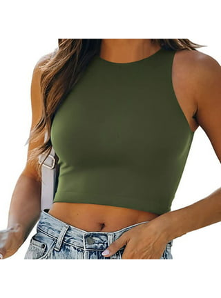 Sleeveless Tank RIBBED HIGH NECK RACER BACK crop top Vest round