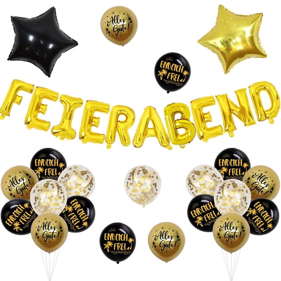 Feierabend Black and Gold German Retirement Balloon Set Feierabend Banner Foil Star Latex Confetti Balloons Backdrop Photo Booth Entryway Decoration Kit A