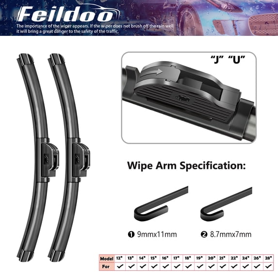 Feildoo 22"&22" Wiper Blades Fit For Mercedes Benz ML55 AMG 2001 22"+22" Bracketless Front Windshield Wiper, Driver and Passenger, J U HOOK, Set of 2, D04151R