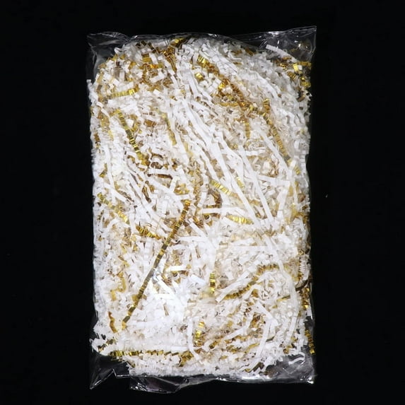 Feildoo Shred Paper Filler (1/10LB) Crinkle Cut Paper for Wrapping & Filling Gift Basket Gift Boxes, Kraft-Decoration Raffia Contains Bow , B# White + Double-sided Gold, Y15R2I6S