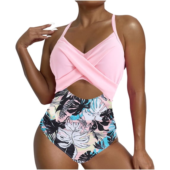 Feimerou Bathing Suit for Women One Piece Tummy Control Twist Front Cutout Swimsuits Adjustable Straps Halter Neck Ruched Swimwear Sale
