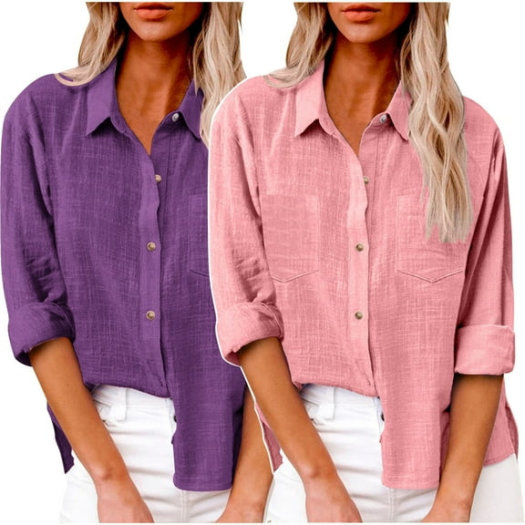 Feimerou Button Down Shirts for Women 2025, Spring Casual Cotton Linen Long Sleeve Solid Color Lightweight Loose Work Blouses Tops with Pockets 2pack Valentine'S Day Gifts
