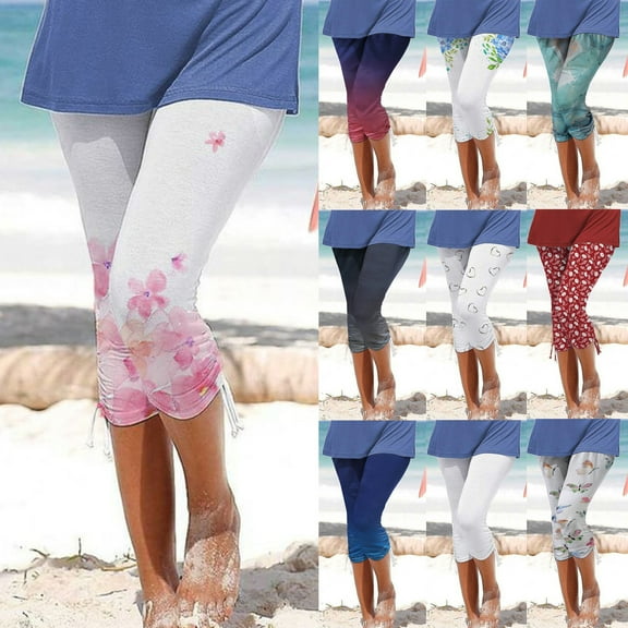 Feimerou Capri Leggings for Women 2025 Summer Casual Drawstring Capris Pants Cute Printed Soft Strech Beach Cropped Pants