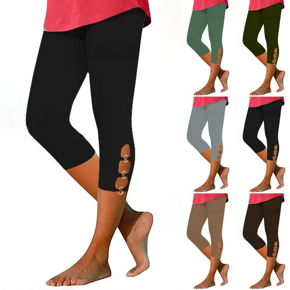 Feimerou Capri Leggings for Women Tummy Control Knee Length Yoga Leggings 2025 Summer Cropped Pants Casual Comfy Solid Hollow Out Capris Savings