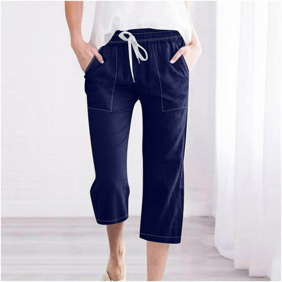 Feimerou Capri Pants for Women with Drawstring and Pockets Casual Summer Cropped Pants Straight Leg Elastic Waist Cotton Linen Pants
