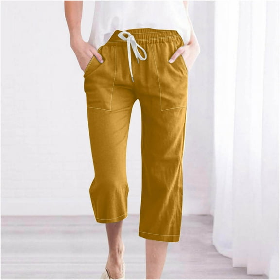 Feimerou Capri Pants for Women with Drawstring and Pockets Casual Summer Cropped Pants Straight Leg Elastic Waist Cotton Linen Pants