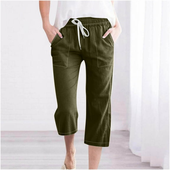 Feimerou Capri Pants for Women with Drawstring and Pockets Casual Summer Cropped Pants Straight Leg Elastic Waist Cotton Linen Pants