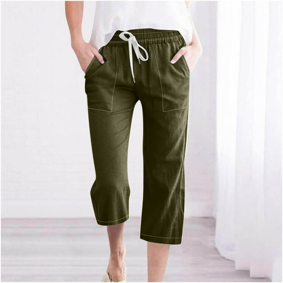 Feimerou Capri Pants for Women with Drawstring and Pockets Casual Summer Cropped Pants Straight Leg Elastic Waist Cotton Linen Pants
