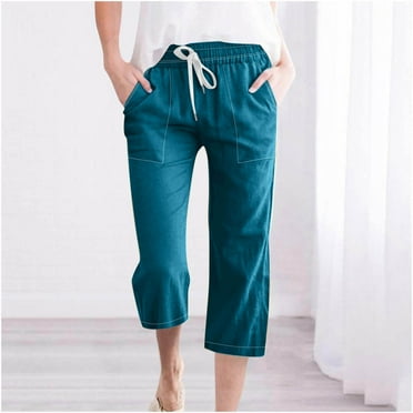 Feimerou Capri Pants for Women with Drawstring and Pockets Casual Summer Cropped Pants Straight Leg Elastic Waist Cotton Linen Pants
