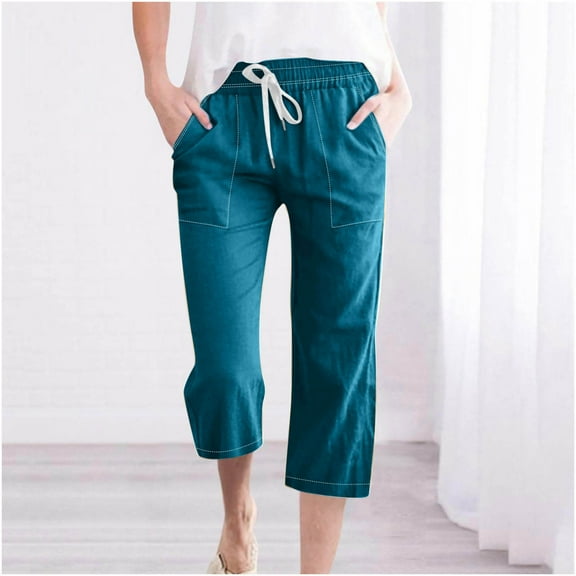 Feimerou Capri Pants for Women with Drawstring and Pockets Casual Summer Cropped Pants Straight Leg Elastic Waist Cotton Linen Pants