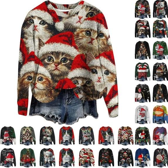 Feimerou Cat Christmas Sweater, Ugly Christmas Sweatshirts for Women Cute Funny Pattern Xmas Long Sleeve Crewneck Pullover Sweaters Deals