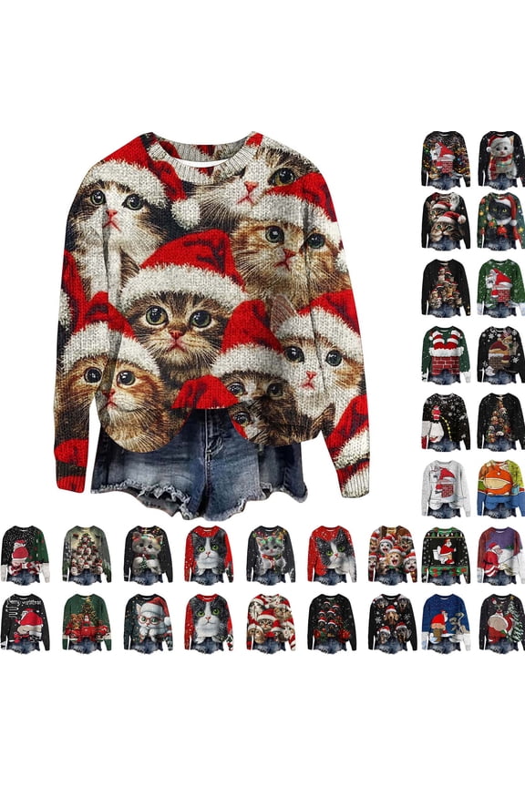 Cat Christmas Sweater, Ugly Christmas Sweatshirts for Women Cute Funny Pattern Xmas Long Sleeve Crewneck Pullover Sweaters