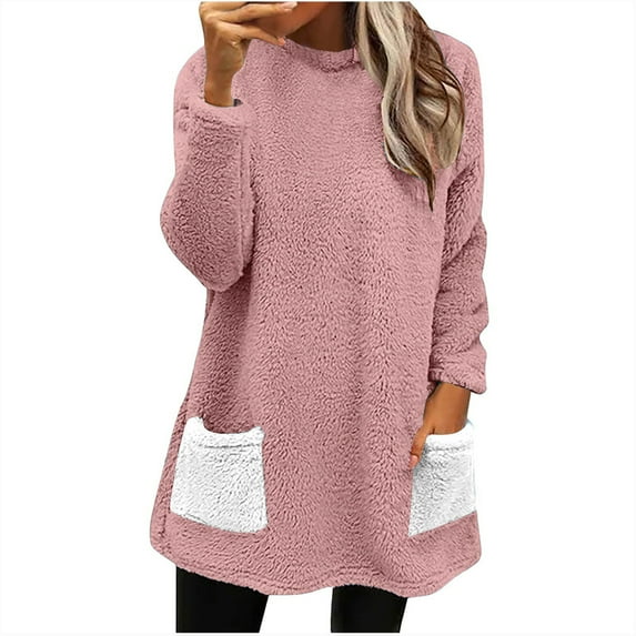 Feimerou Fleece Sweatshirts for Women Plus Size Fuzzy Puffy Sweatshirt Colors Block Crewneck Shaggy Sherpa Pullover Tops with Pockets