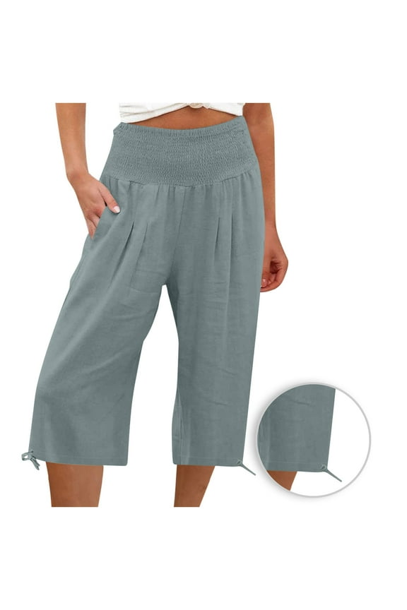 Flowy Capri Pants for Women Ruch High Waisted Wide Leg Pants Summer Casual Loose Fit Comfy Drawstring Hem Cropped Pants