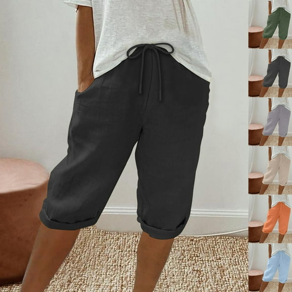 Feimerou Linen Capri Pants for Women Knee Length Bermuda Long Shorts Summer Drawstring Elastic Waisted Lightweight Cropped Pants