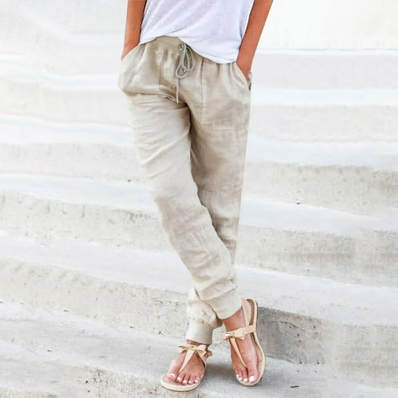 Feimerou Linen Pants for Women Petite Tapered Jogger Pants Drawstring Elastic Waist Casual Trousers Solid Color Loose Fit Lounge Pants
