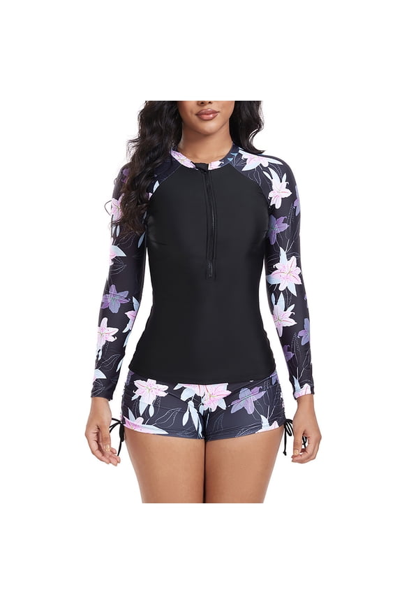 Long Sleeve Bathing Suit for Women Modest Two Piece Rashguard Swimsuits Wetsuit Rash Guard Shirts and Swim Shorts Surf Suits