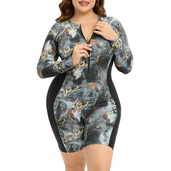 Feimerou Long Sleeve Swimsuits for Women Plus Size One Piece Rash Guard Swimsuit Zip Front Boyleg Tummy Control Surfing Bathing Suits Valentines Day Gifts
