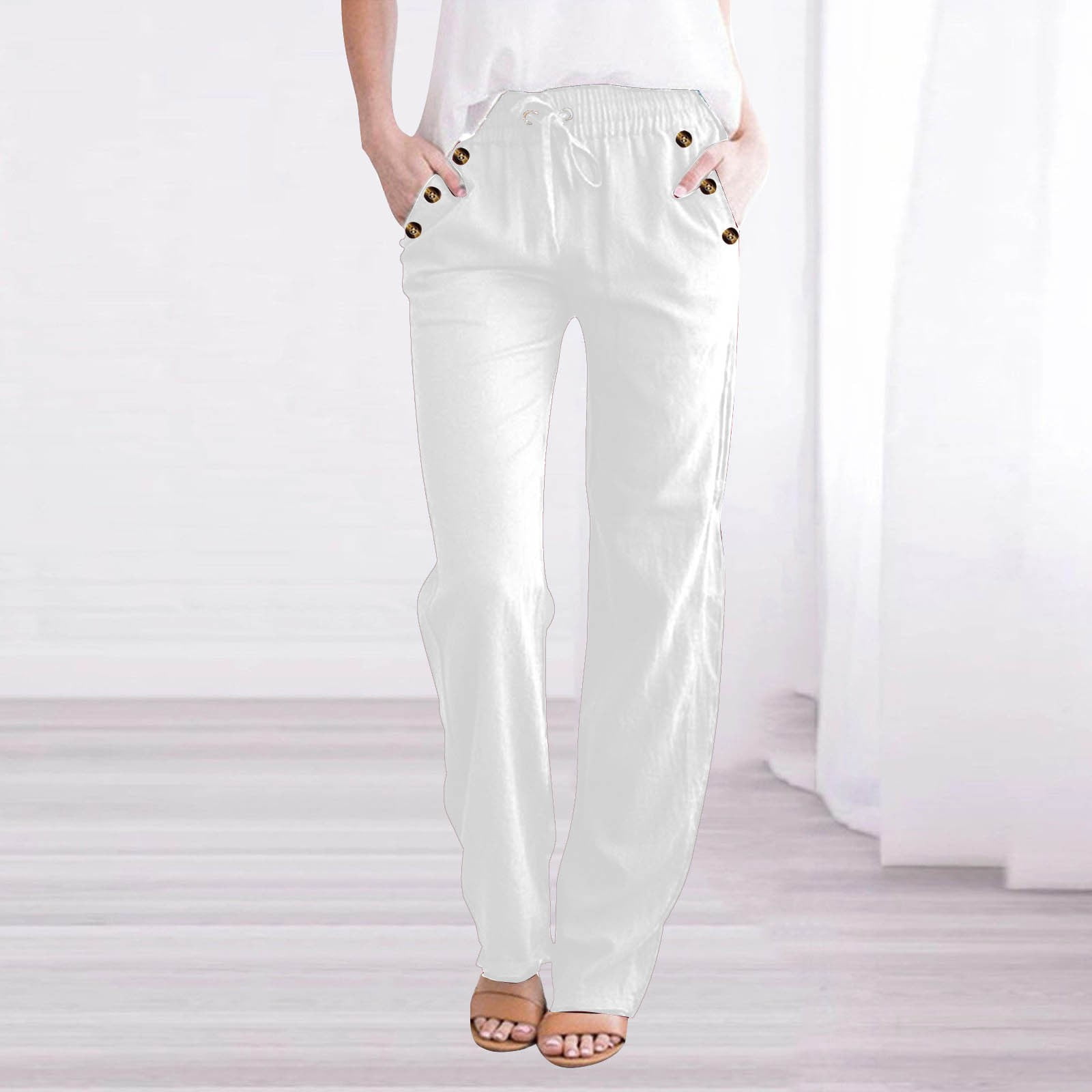Feimerou Lounge Pants Women Petite Linen Pants Straight Fit Elastic ...