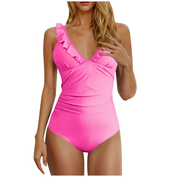 Feimerou One Piece Swimsuit Women Tummy Control High Waisted Sexy Ruffle V Neck Bathing Suits Back Cutout Slimming Push Up Monokini Swimsuits
