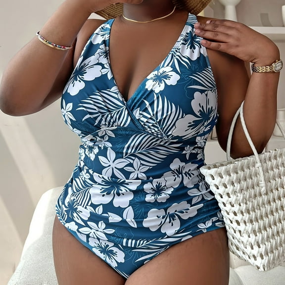 Feimerou Plus Size One Piece Swimsuit for Women Deepv Neck Flower Bathing Suits High Waisted Tummy Control Slimming Bikini Swimwear