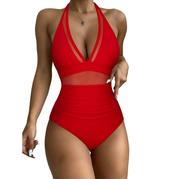 Feimerou Sexy One Piece Swimsuits for Women Halter Neck Mesh Sheer Sarong Wraps Bathing Suits Sexy High Waisted Tummy Control Swimwear