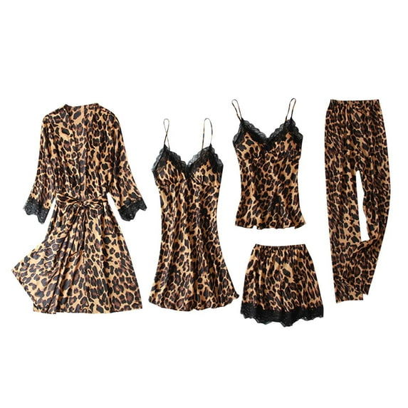 Feimerou Sexy Pajama Set for Women 5 Piece Satin Silk Pajama Set Lace Camisole Nightgown with Shorts Pants Robe Sleepwear Loungewear