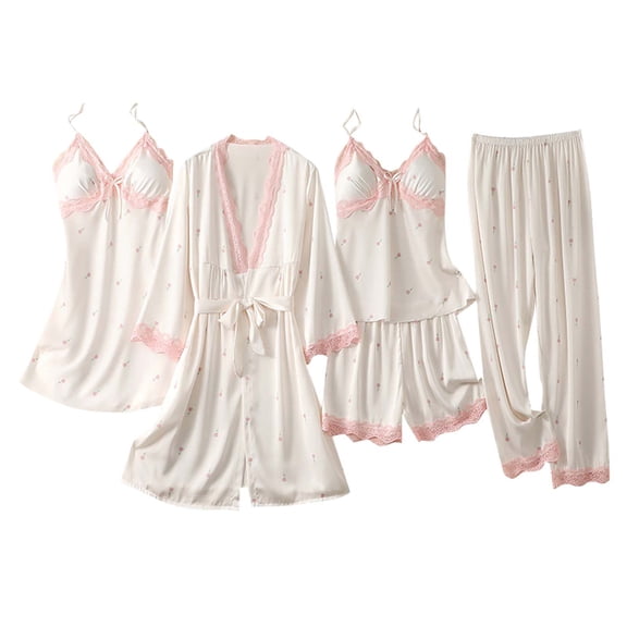 Feimerou Silk Pajamas for Women 5pcs Sleepwear Loungewear Satin Robe Cami Built In Bras Soft Comfort Nightgown Top And Pants Pjs