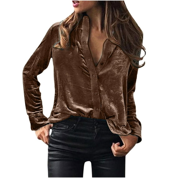 Feimerou Velvet Tops for Women Vintage Long Sleeve Button Down Shirts 2025 Spring Outfits Dressy Casual Velour Blouses with Pockets Valentines Day Gifts