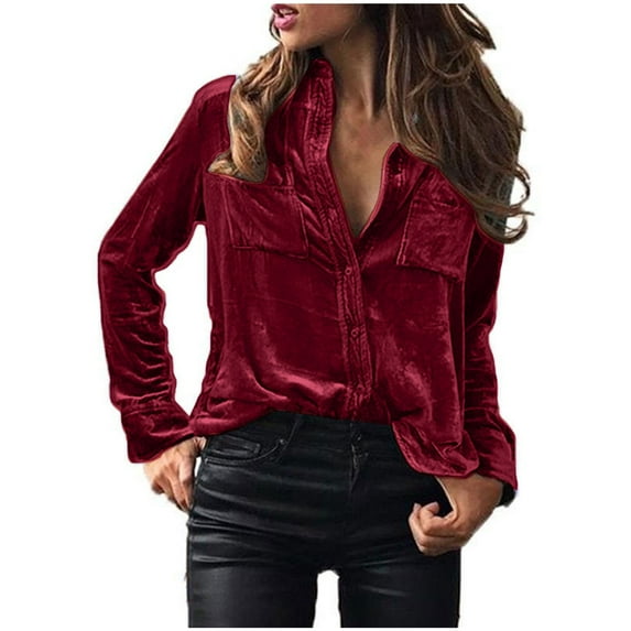 Feimerou Velvet Tops for Women Long Sleeve Button Down Shirts Vintage Soft Cozy Velour Lapel Collar Dressy Casual Blouses with Pockets Sale