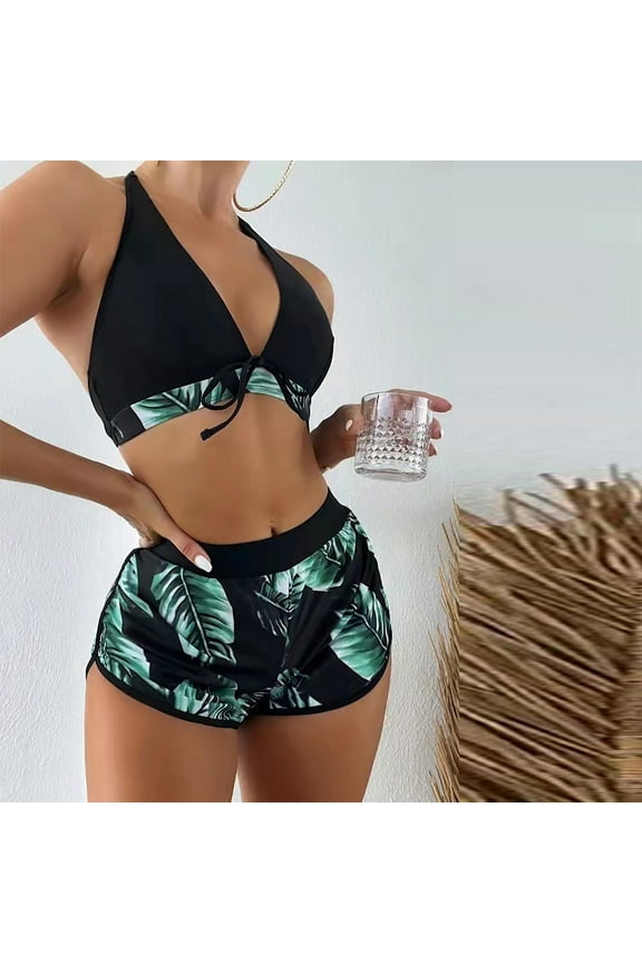 Women 3 Piece Swimsuits Sexy Halter V Neck Bikini Sets Bathing Suits Front String Backless Modest Swimsuit with Boy Shorts Valentines Day Gifts