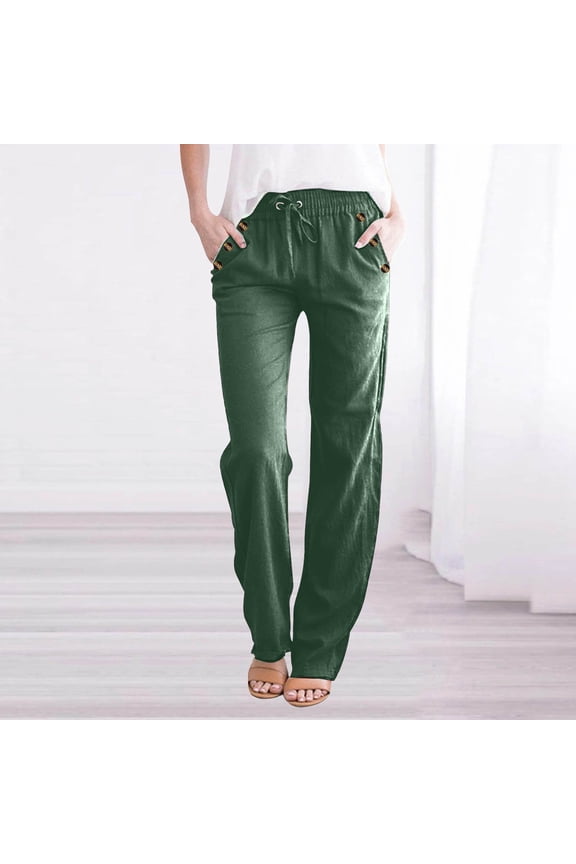 Women Cotrton Linen Pants Petite Casual Pants Drawstring Elastic Waist Wide Straight Leg Loose Trousers Comfy Lounge Pants